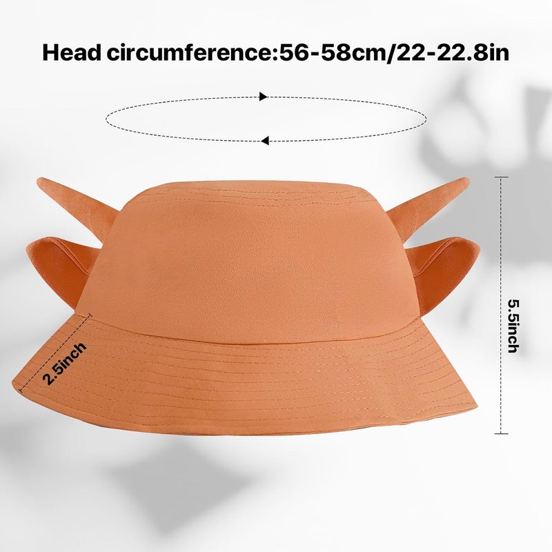QANQIUPLE Cow Print Bucket Hat with Cute Horn Ears Cow Print Summer Beach Sun Hat Fisherman's Cow Bucket Hat - Image 3
